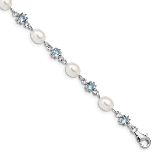 Sterling Silver Rhodium-plated Blue CZ and White Freshwater Cultured Pearl Bracelet, 7"