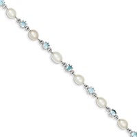 Sterling Silver Rhodium-plated Blue CZ and White Freshwater Cultured Pearl Bracelet, 7" view 3