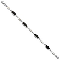 Sterling Silver Rhodium-plated Oval Onyx and Mother of Pearl Bracelet, 7" view 2