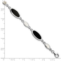 Sterling Silver Rhodium-plated Oval Onyx and Mother of Pearl Bracelet, 7" view 3