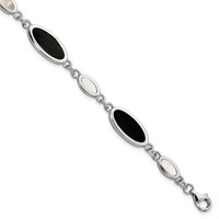 Sterling Silver Rhodium-plated Oval Onyx and Mother of Pearl Bracelet, 7" view 1