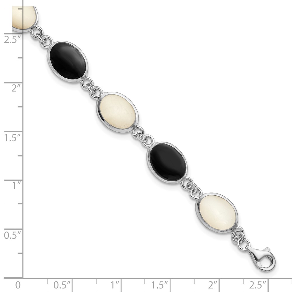 Sterling Silver Rhodium-plated Onyx and Mother of Pearl Bracelet (QG2399-7)