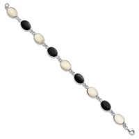 Sterling Silver Rhodium-plated Oval Onyx and Mother of Pearl Bracelet, 7" view 2