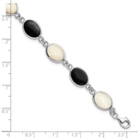 Sterling Silver Rhodium-plated Oval Onyx and Mother of Pearl Bracelet, 7" view 3