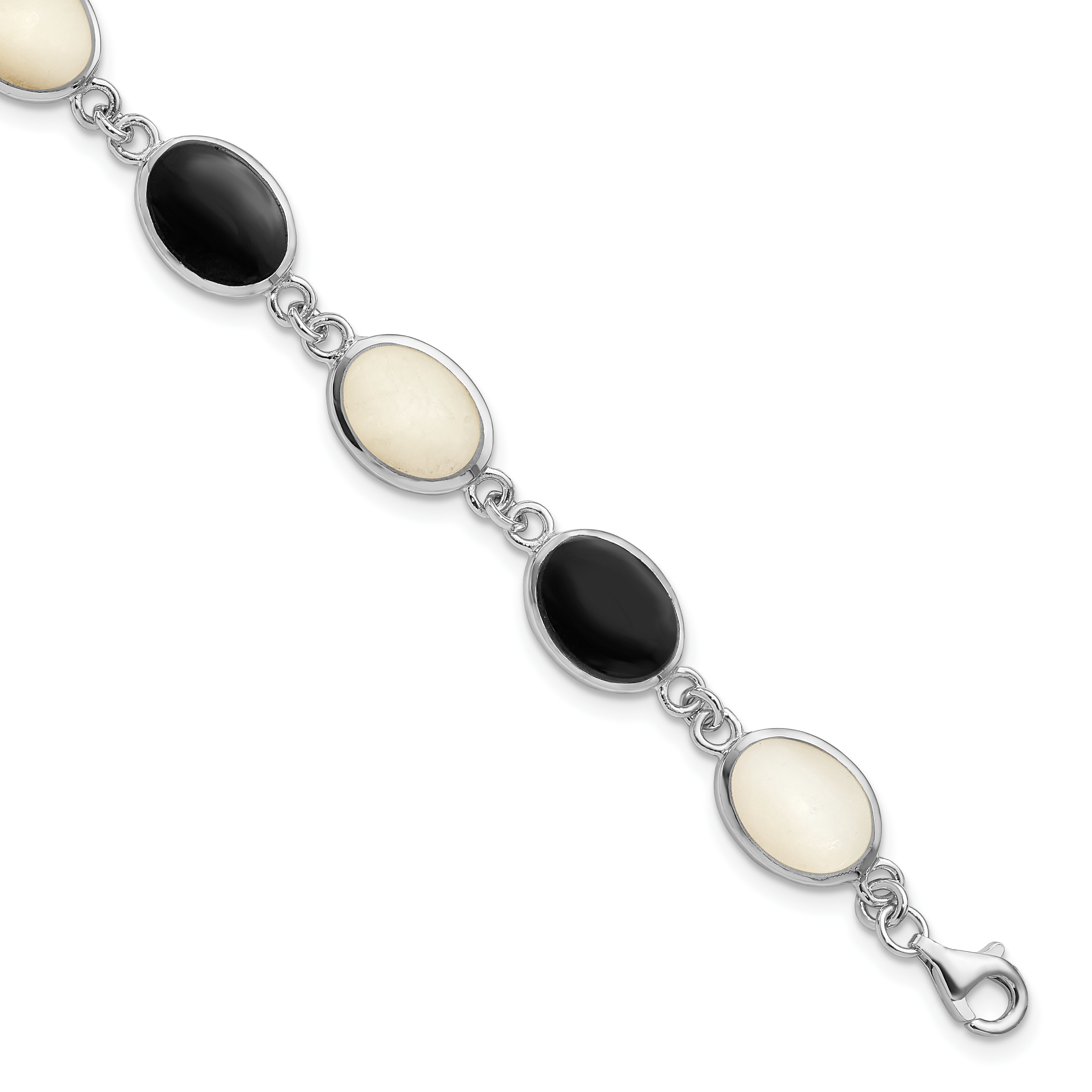 Sterling Silver Rhodium-plated Onyx and Mother of Pearl Bracelet (QG2399-7)