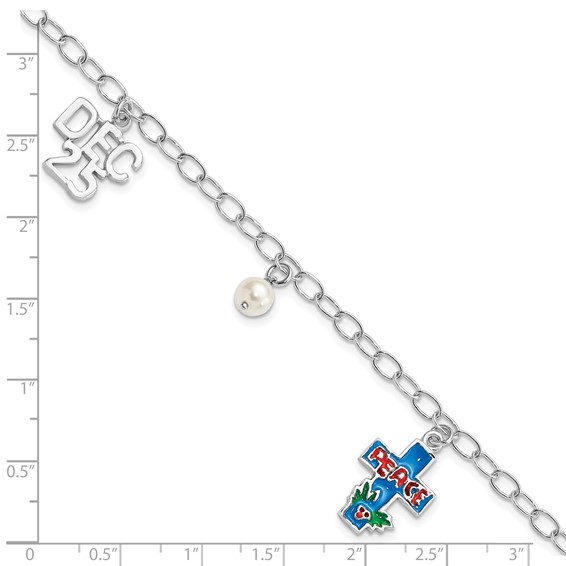 Sterling Silver FW Cultured Pearl & Enameled Christmas Themed Bracelet