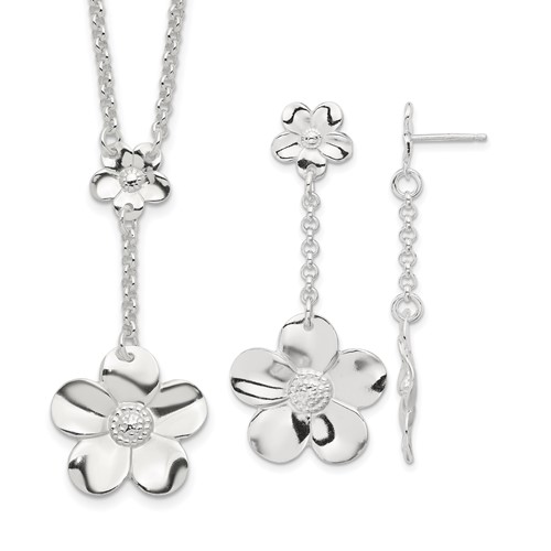Sterling Silver Polished Floral Y-Necklace and Dangle Post Earring Set, 18"