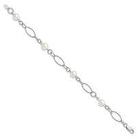 Sterling Silver Rhodium-plated 9-10mm White Near-Round Freshwater Cultured Pearl Bracelet, 7.75" view 2