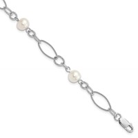 Sterling Silver Rhodium-plated 9-10mm White Near-Round Freshwater Cultured Pearl Bracelet, 7.75" view 1