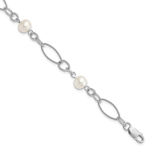 Sterling Silver Rhodium-plated 9-10mm White Near-Round Freshwater Cultured Pearl Bracelet, 7.75"