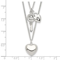 Sterling Silver Polished 2-Strand Heart and Key Necklace, 18" view 4