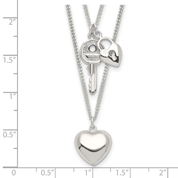 Sterling Silver 2-Strand Heart and Key Necklace