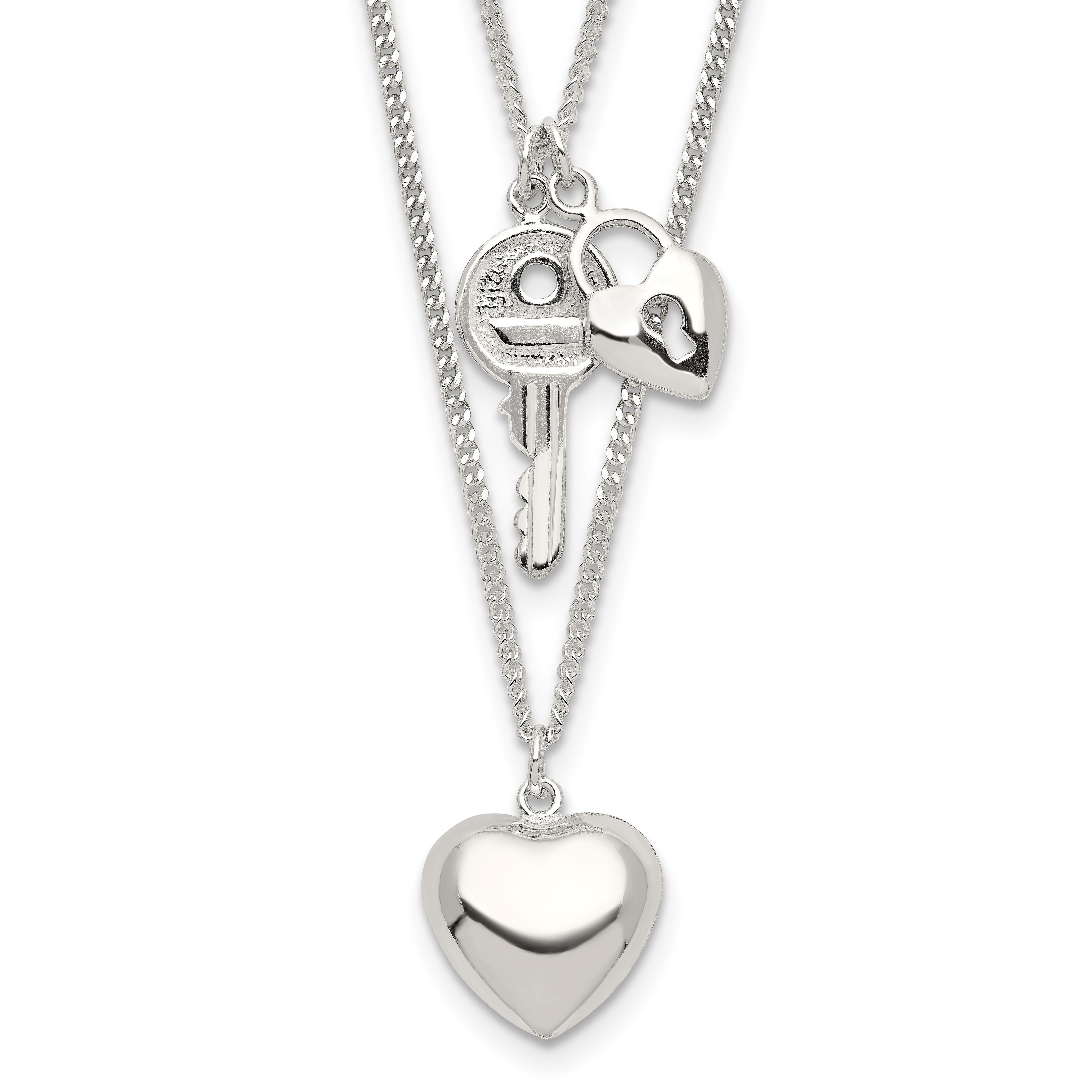 Sterling Silver 2-Strand Heart and Key Necklace (QG2530-18)