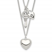 Sterling Silver Polished 2-Strand Heart and Key Necklace, 18" view 1