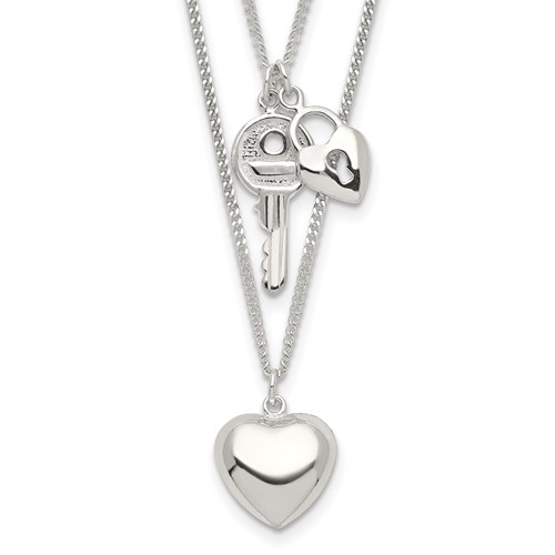 Sterling Silver Polished 2-Strand Heart and Key Necklace, 18"
