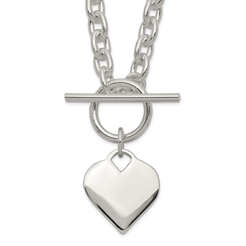 Sterling Silver Polished Engravable 19mm Heart Toggle Necklace, 18"