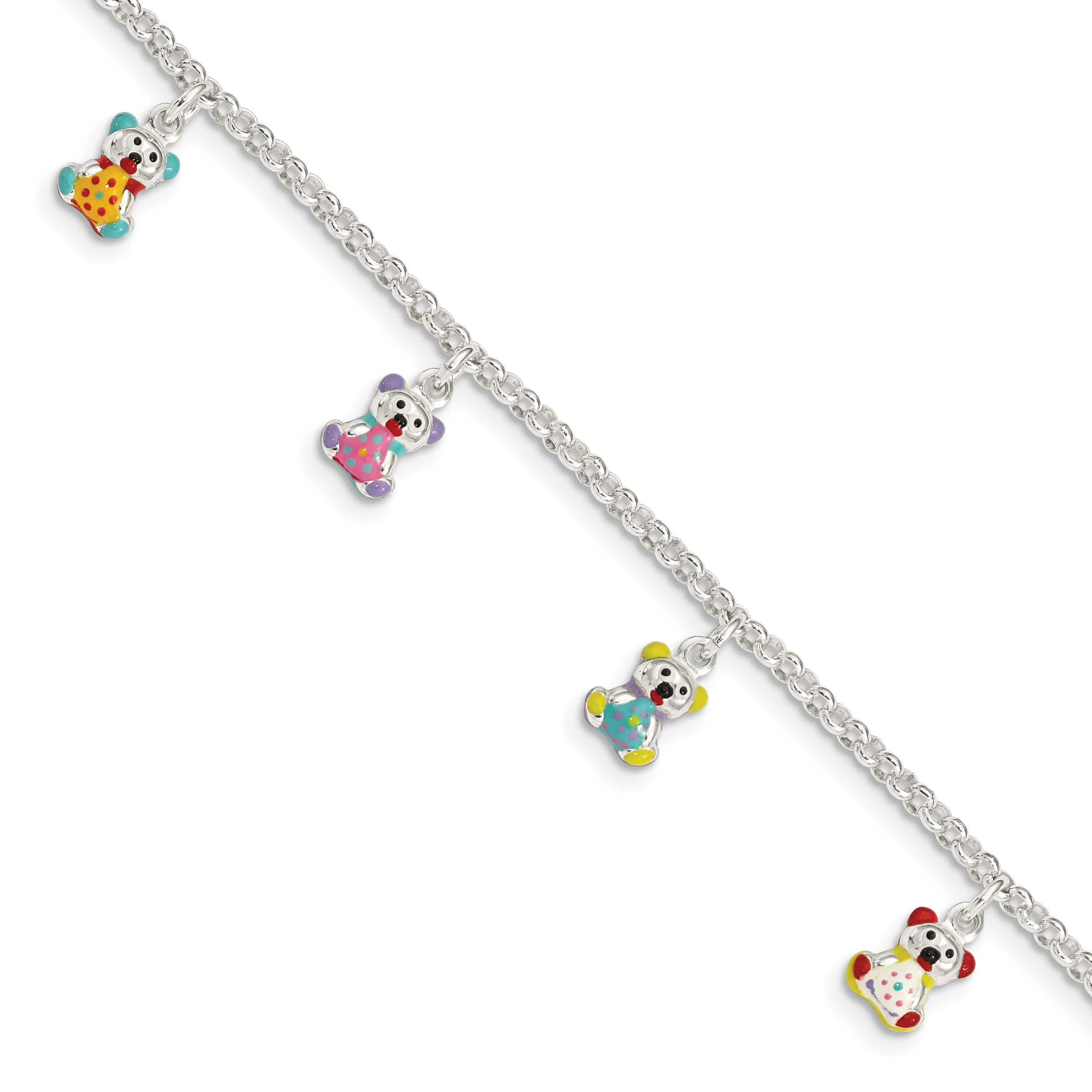 Sterling Silver Multi-color Enameled Bears w/ 1in ext Children's Bracelet (QG2573-6)
