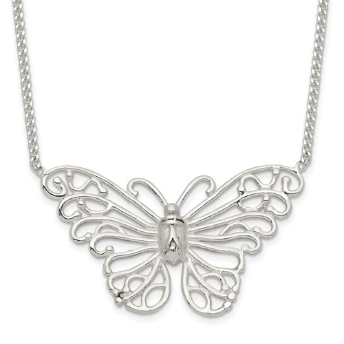 Sterling Silver Polished Butterfly Necklace, 18"