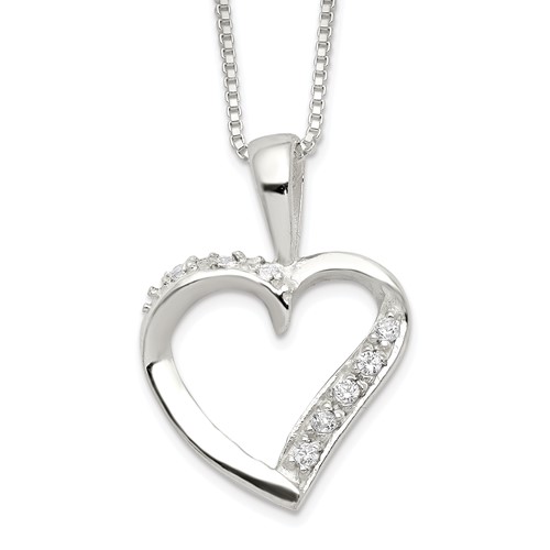 Sterling Silver Polished CZ Heart Necklace, 18"