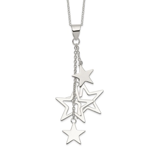 Sterling Silver Rhodium-plated Polished Dangling Stars Necklace, 18"