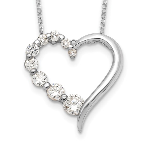 Sterling Silver Rhodium-plated Polished Open Heart CZ Journey Necklace, 18"