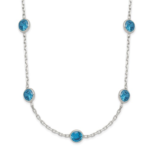 Sterling Silver 4mm Bezel-set Blue CZ 9-Station Necklace, 18"