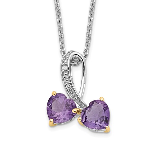 Brilliant Gemstones Sterling Silver with 14K Accent Rhodium-plated Amethyst and Diamond Heart Necklace with 2 Inch Extender, 18"
