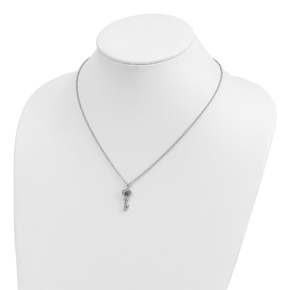 Brilliant Gemstones Sterling Silver with 14K Accent Rhodium-plated Amethyst and Diamond Key 18 Inch Necklace with 2 Inch Extender