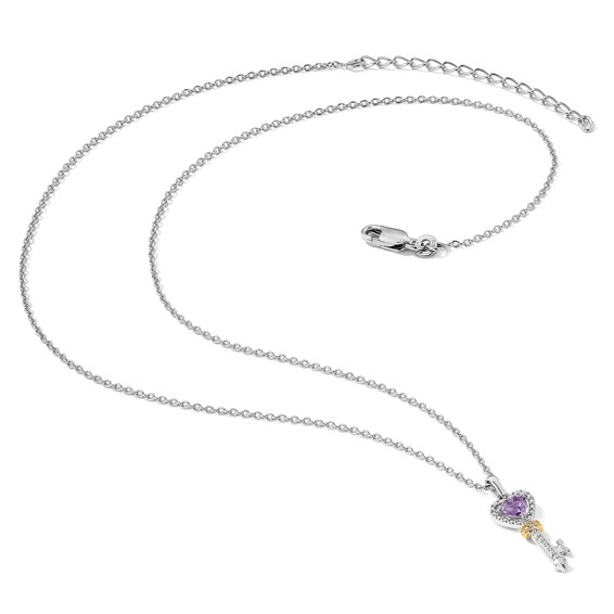 Brilliant Gemstones Sterling Silver with 14K Accent Rhodium-plated Amethyst and Diamond Key 18 Inch Necklace with 2 Inch Extender