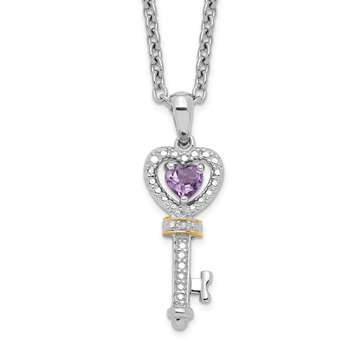 Brilliant Gemstones Sterling Silver with 14K Accent Rhodium-plated Amethyst and Diamond Key Necklace with 2 Inch Extender, 18"