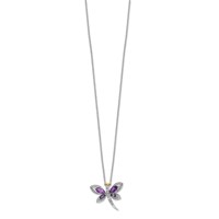 Brilliant Gemstones Sterling Silver with 14K Accent Rhodium-plated Amethyst Iolite Diamond Dragonfly 18 Inch Necklace with Extender, 2" view 2
