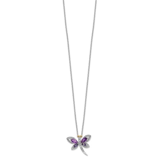 Brilliant Gemstones Sterling Silver with 14K Accent Rhodium-plated Amethyst/Iolite/Diamond Dragonfly18 Inch Necklace with 2 Inch Extender