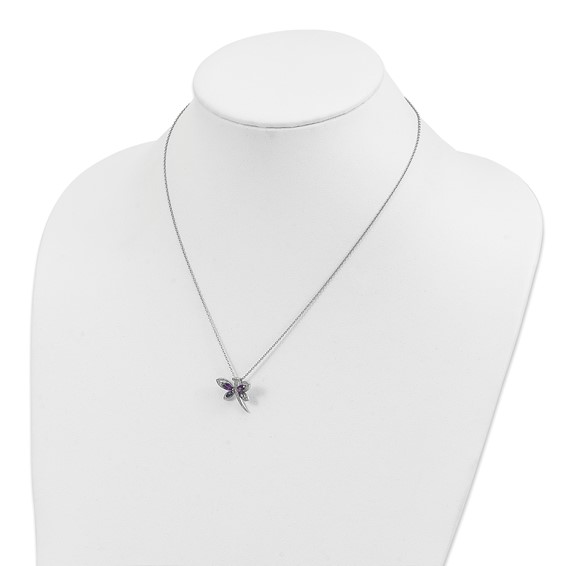 Brilliant Gemstones Sterling Silver with 14K Accent Rhodium-plated Amethyst/Iolite/Diamond Dragonfly18 Inch Necklace with 2 Inch Extender