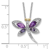 Brilliant Gemstones Sterling Silver with 14K Accent Rhodium-plated Amethyst Iolite Diamond Dragonfly 18 Inch Necklace with Extender, 2" view 3