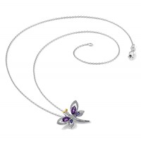 Brilliant Gemstones Sterling Silver with 14K Accent Rhodium-plated Amethyst Iolite Diamond Dragonfly 18 Inch Necklace with Extender, 2" view 5