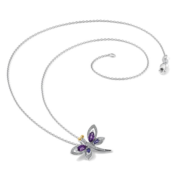 Brilliant Gemstones Sterling Silver with 14K Accent Rhodium-plated Amethyst/Iolite/Diamond Dragonfly18 Inch Necklace with 2 Inch Extender