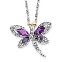 Brilliant Gemstones Sterling Silver with 14K Accent Rhodium-plated Amethyst Iolite Diamond Dragonfly 18 Inch Necklace with Extender, 2" view 1