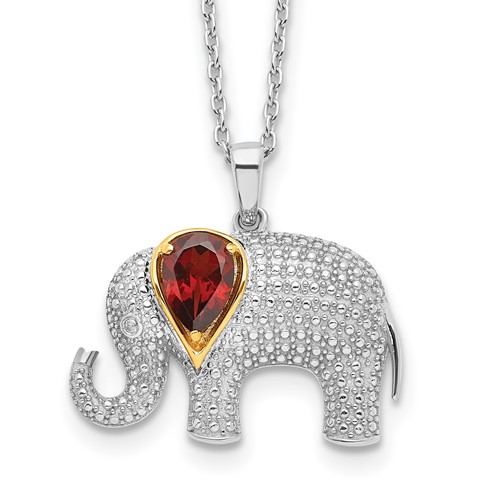 Brilliant Gemstones Sterling Silver with 14K Accent Rhodium-plated Garnet and Diamond Elephant Necklace with 2 Inch Extender, 18"