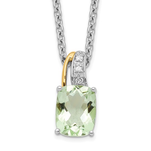 Brilliant Gemstones Sterling Silver with 14K Accent Rhodium-plated Green Quartz and Diamond Necklace with 2 Inch Extender, 18"