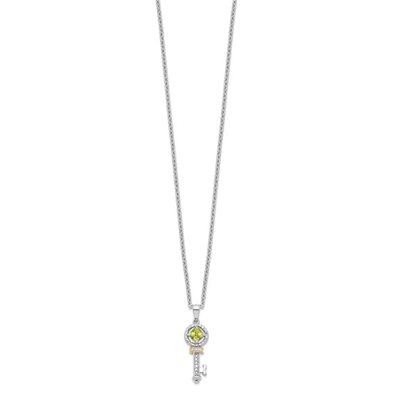 Brilliant Gemstones Sterling Silver with 14K Accent Rhodium-plated Peridot and Diamond Key 18 Inch Necklace with 2 Inch Extender