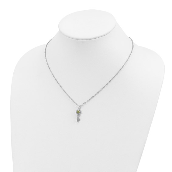 Brilliant Gemstones Sterling Silver with 14K Accent Rhodium-plated Peridot and Diamond Key 18 Inch Necklace with 2 Inch Extender