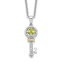 Brilliant Gemstones Sterling Silver with 14K Accent Rhodium-plated Peridot and Diamond Key Necklace with 2 Inch Extender, 18" view 1