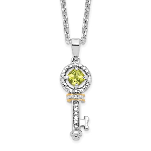 Brilliant Gemstones Sterling Silver with 14K Accent Rhodium-plated Peridot and Diamond Key Necklace with 2 Inch Extender, 18"