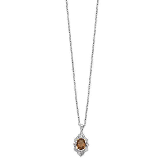 Brilliant Gemstones Sterling Silver with 14K Accent Rhodium-plated Smoky Quartz and White Topaz and Diamond 18 Inch Necklace with 2 Inch Extender