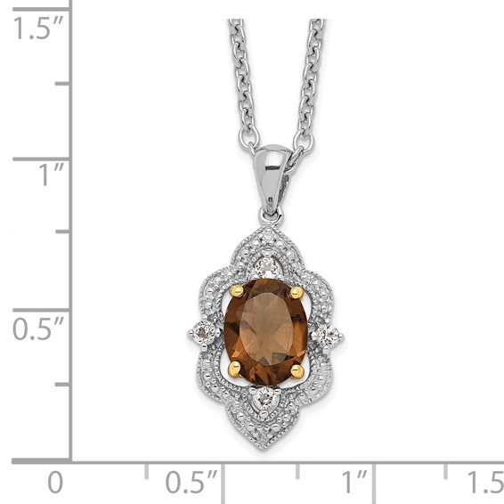Brilliant Gemstones Sterling Silver with 14K Accent Rhodium-plated Smoky Quartz and White Topaz and Diamond 18 Inch Necklace with 2 Inch Extender