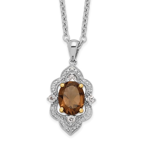 Brilliant Gemstones Sterling Silver with 14K Accent Rhodium-plated Smoky Quartz and White Topaz and Diamond Necklace with 2 Inch Extender, 18"