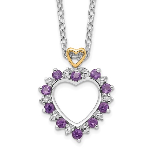 Brilliant Gemstones Sterling Silver with 14K Accent Rhodium-plated Amethyst and Diamond Necklace with 2 Inch Extender, 18"