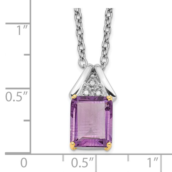 Brilliant Gemstones Sterling Silver with 14K Accent Rhodium-plated Amethyst and Diamond 18 Inch Necklace with 2 Inch Extender