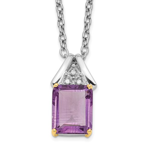Brilliant Gemstones Sterling Silver with 14K Accent Rhodium-plated Amethyst and Diamond Necklace with 2 Inch Extender, 18"