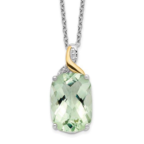 Brilliant Gemstones Sterling Silver with 14K Accent Rhodium-plated Green Quartz and Diamond Necklace with 2 Inch Extender, 18"